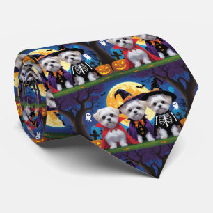 Maltese Dogs Pumpkin Halloween Funny Tie