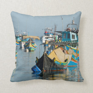 Maltese Fishing Boats Marsaxlokk In Malta Cushion