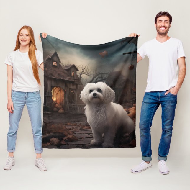 Maltese Halloween Scary Fleece Blanket (In Situ)