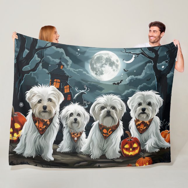Maltese Halloween Spooky Fleece Blanket (In Situ)