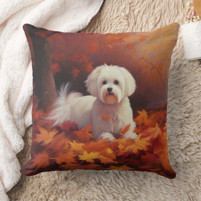 Maltese in Autumn Leaves Fall Inspire  Cushion (Blanket)