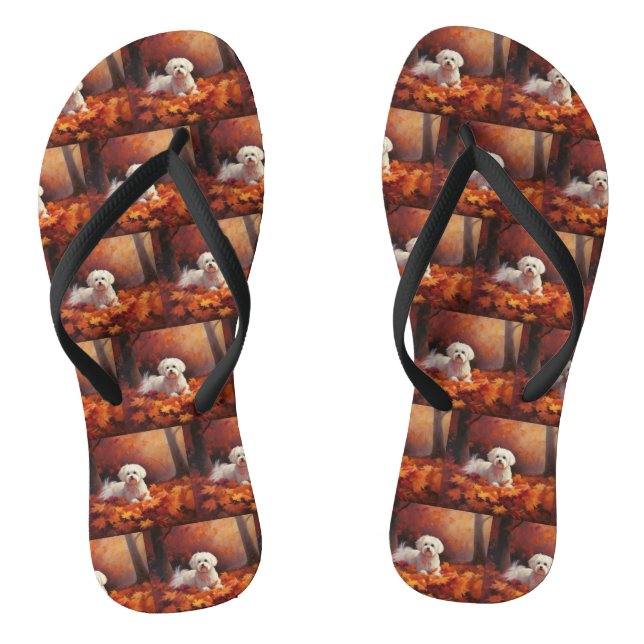 Maltese in Autumn Leaves Fall Inspire  Flip Flops (Footbed)