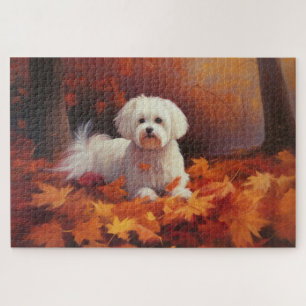 Maltese in Autumn Leaves Fall Inspire Jigsaw Puzzle