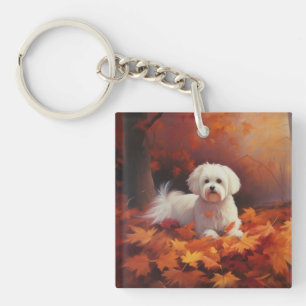 Maltese in Autumn Leaves Fall Inspire Key Ring
