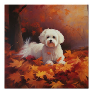 Maltese in Autumn Leaves Fall Inspire Poster