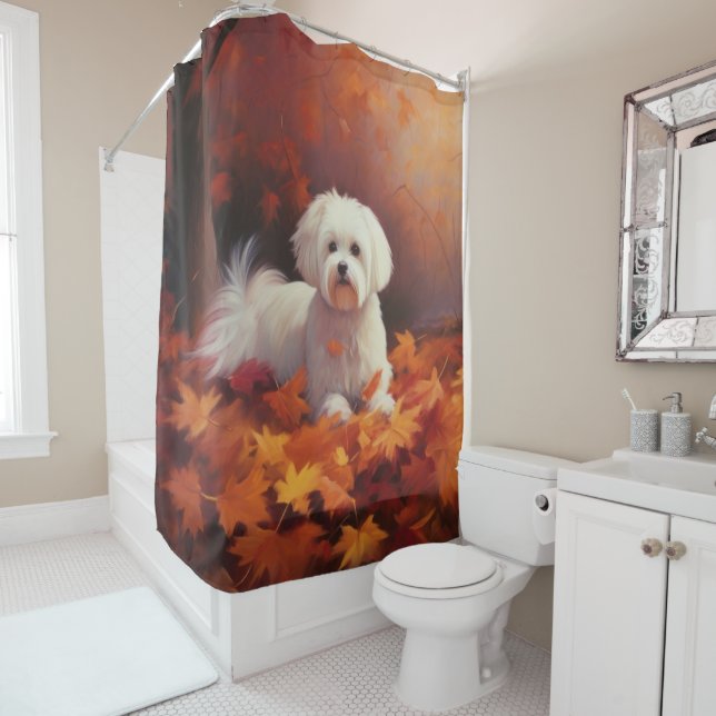 Maltese in Autumn Leaves Fall Inspire  Shower Curtain (In Situ)