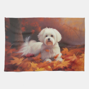 Maltese in Autumn Leaves Fall Inspire Tea Towel