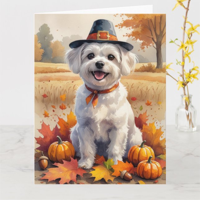 Maltese In Autumn Leaves Thanksgiving Art Card (Yellow Flower)