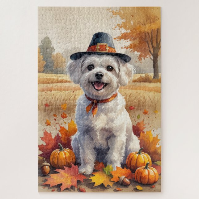 Maltese In Autumn Leaves Thanksgiving Art Jigsaw Puzzle (Vertical)