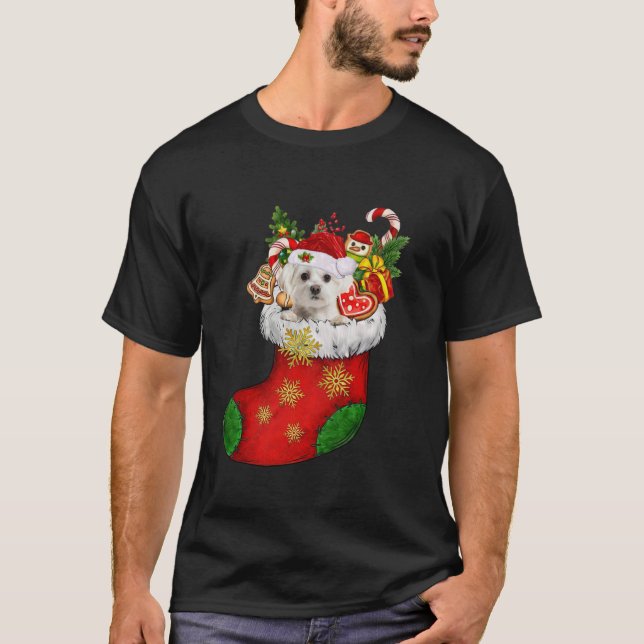 Maltese In Sock Christmas Santa Hat Xmas Dog Lover T-Shirt (Front)