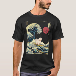 Maltese Japanese Kanagawa Wave Funny Surf Dog  T-Shirt