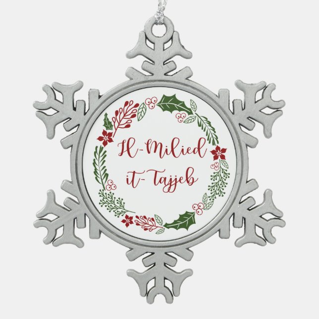 Maltese Merry Christmas Wreath Il-Milied it-tajjeb Snowflake Pewter Christmas Ornament (Front)