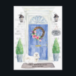 Maltese Moving Announcement Postcard<br><div class="desc">Announce your new address with our stylish announcement featuring a Maltese,  blue front door,  welcome mat,  slate sign,  topiaries and a floral wreath set on a grey brick background.</div>