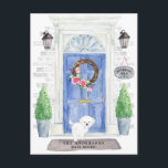 Maltese Moving Announcement Postcard<br><div class="desc">Announce your new address with our stylish announcement featuring a Maltese,  blue front door,  welcome mat,  slate sign,  topiaries and a floral wreath set on a grey brick background.</div>
