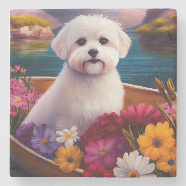 Maltese on a Paddle: A Scenic Adventure Stone Coaster (Front)