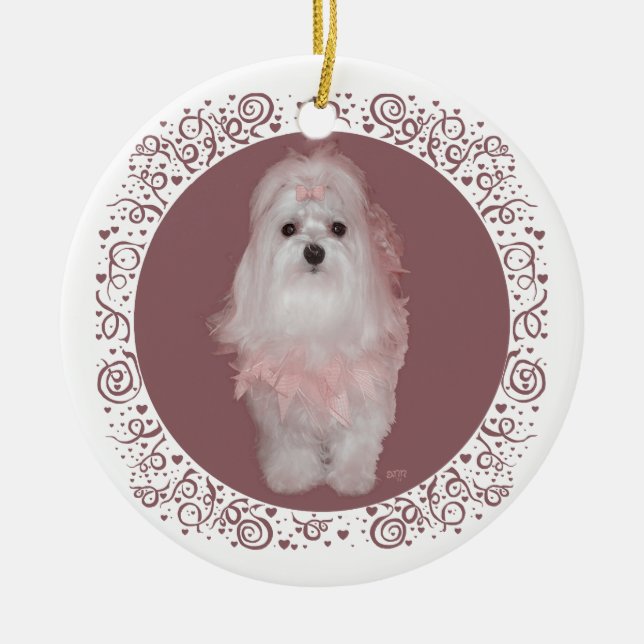 Maltese on Mauve Ceramic Tree Decoration (Front)