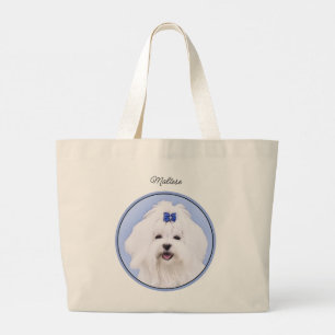 Maltese Painting Blue Bow Cute Original Dog Art Large Tote Bag