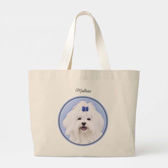 Maltese Painting Blue Bow Cute Original Dog Art Large Tote Bag (Back)