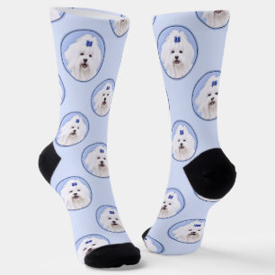 Maltese Painting Blue Bow Cute Original Dog Art Socks