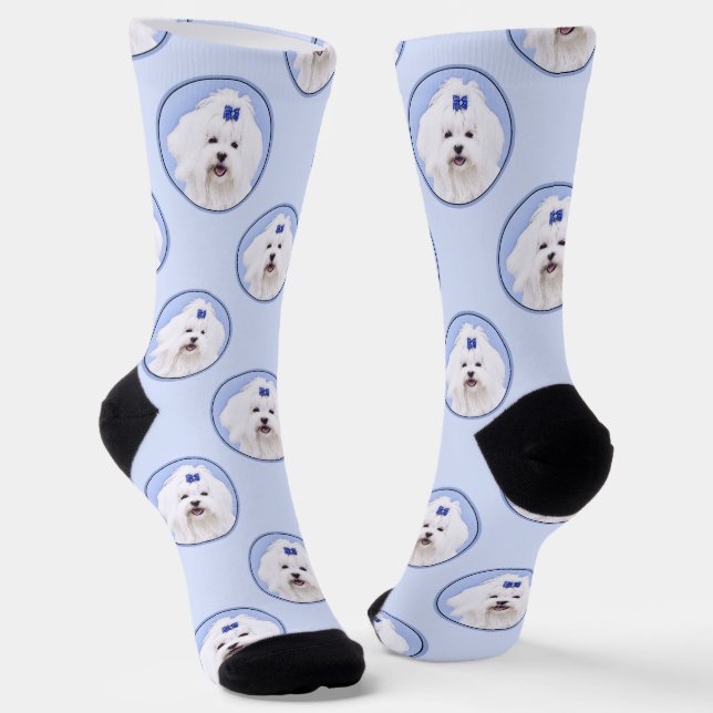Maltese Painting Blue Bow Cute Original Dog Art Socks (Angled)
