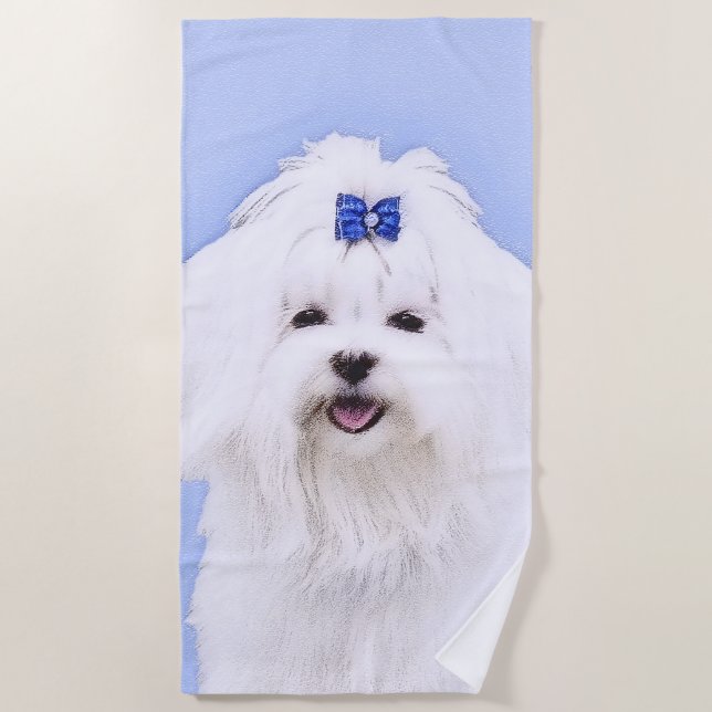 Maltese Painting - Cute Original Dog Art Beach Towel (Front)