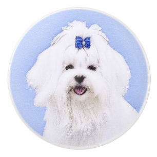 Maltese Painting - Cute Original Dog Art Ceramic Knob