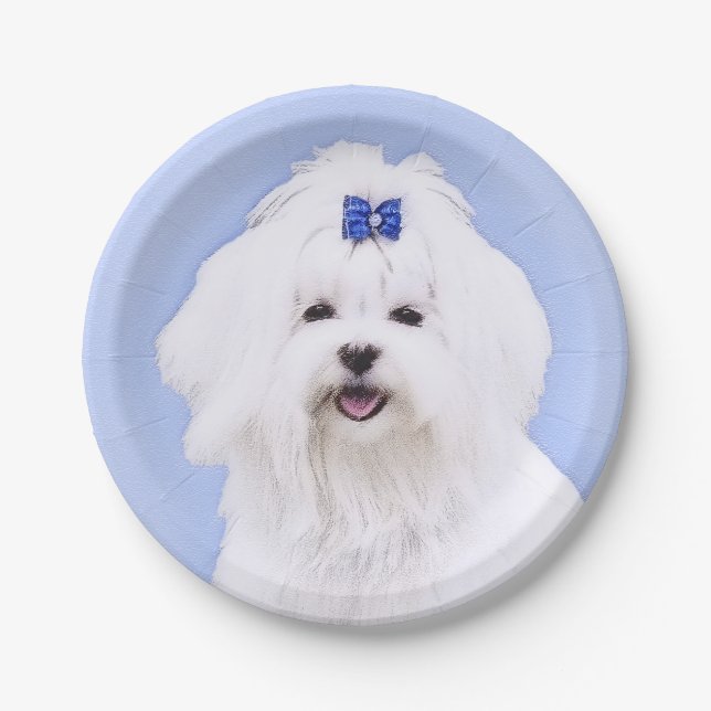 Maltese Painting - Cute Original Dog Art Paper Plate (Front)