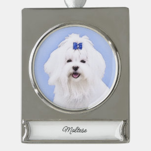 Maltese Painting - Cute Original Dog Art Silver Pl Plated Banner Ornament