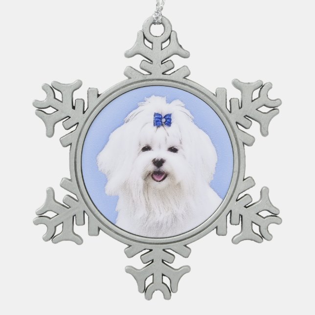Maltese Painting - Cute Original Dog Art Snowflake Pewter Christmas Ornament (Front)