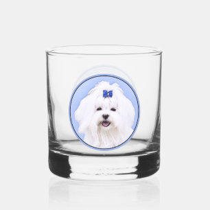 Maltese Painting - Cute Original Dog Art Whiskey Glass