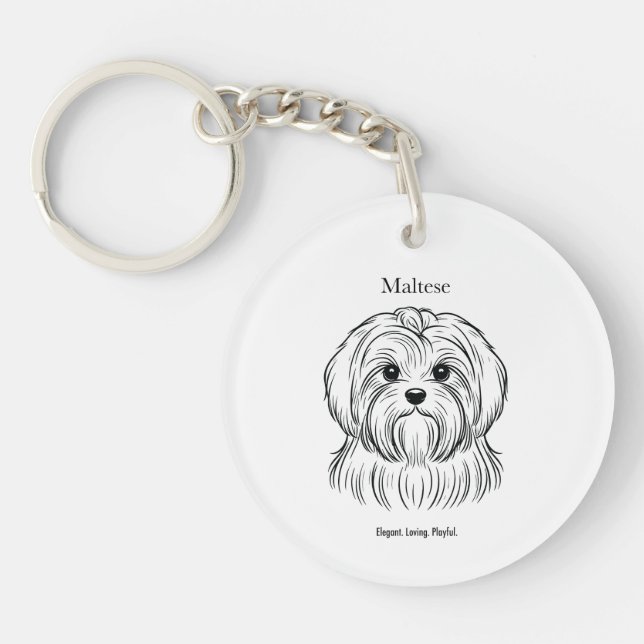 Maltese Portrait Black Line Illustration Key Ring (Front)