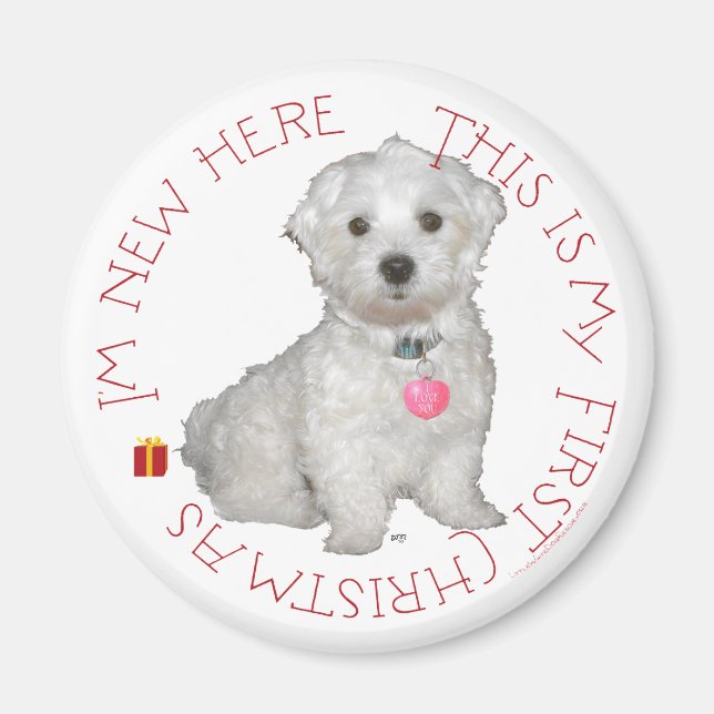 Maltese Pup First Christmas Magnet (Front)