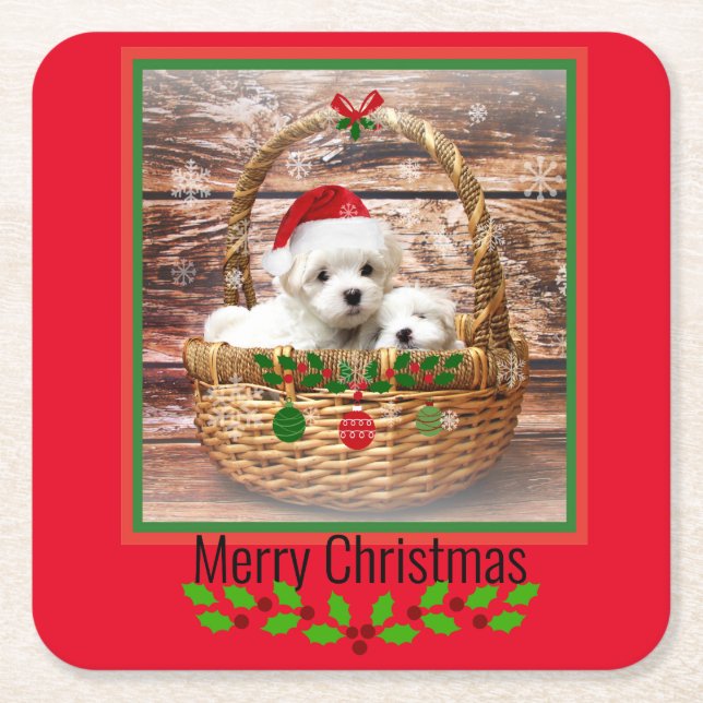 Maltese Puppies Christmas Basket Square Paper Coaster (Front)