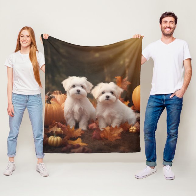 Maltese Puppy Autumn Delight Pumpkin  Fleece Blanket (In Situ)