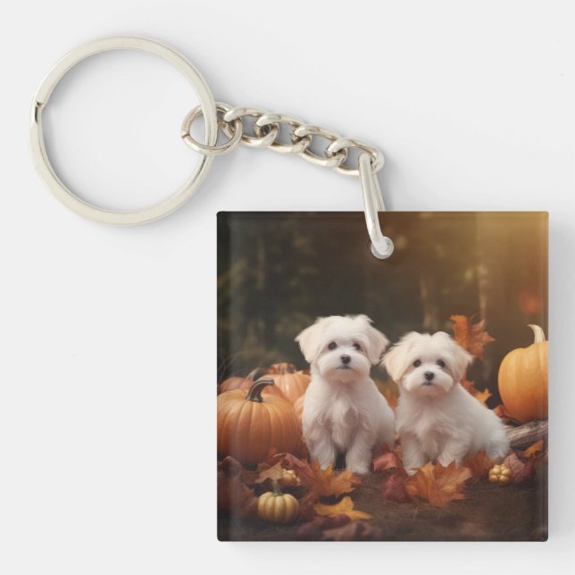 Maltese Puppy Autumn Delight Pumpkin  Key Ring (Front)
