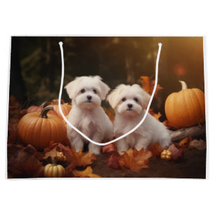 Maltese Puppy Autumn Delight Pumpkin  Large Gift Bag