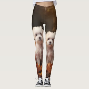 Maltese Puppy Autumn Delight Pumpkin  Leggings
