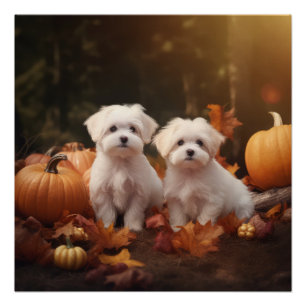 Maltese Puppy Autumn Delight Pumpkin  Poster