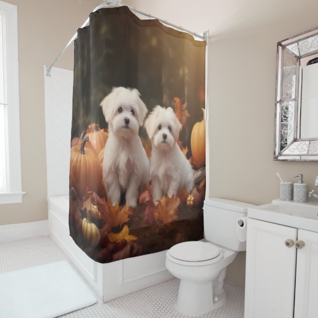 Maltese Puppy Autumn Delight Pumpkin  Shower Curtain (In Situ)