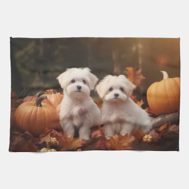 Maltese Puppy Autumn Delight Pumpkin  Tea Towel (Horizontal)