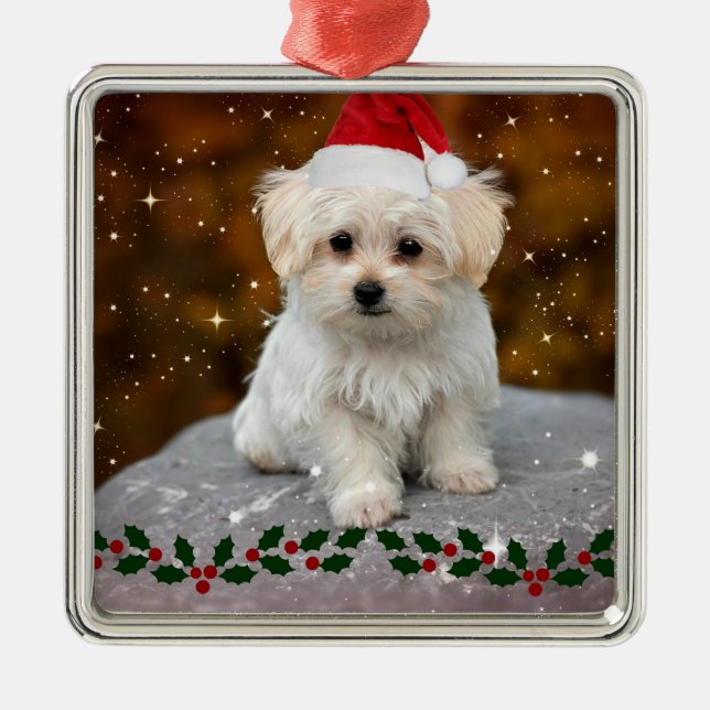 Maltese Puppy Christmas Metal Tree Decoration (Front)