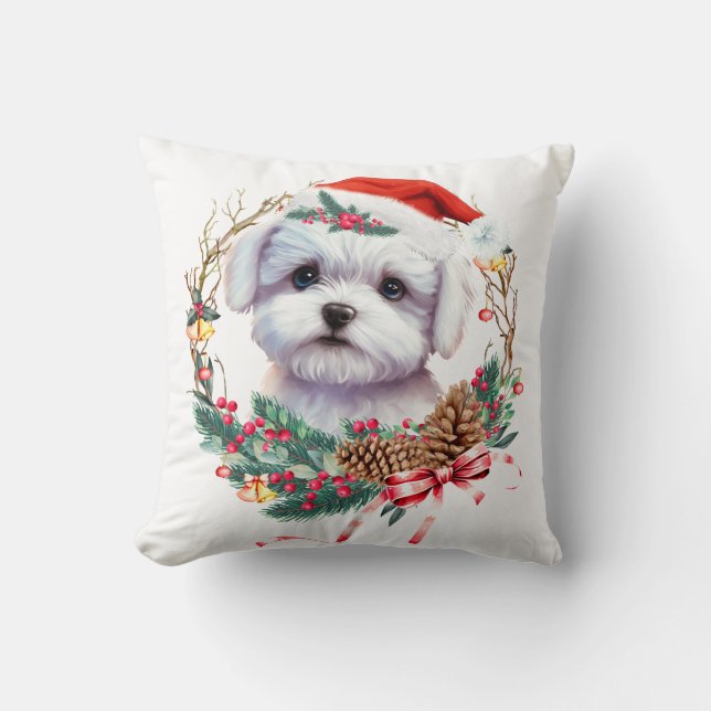 Maltese Puppy Christmas, Xmas Maltese Dog Cushion (Front)