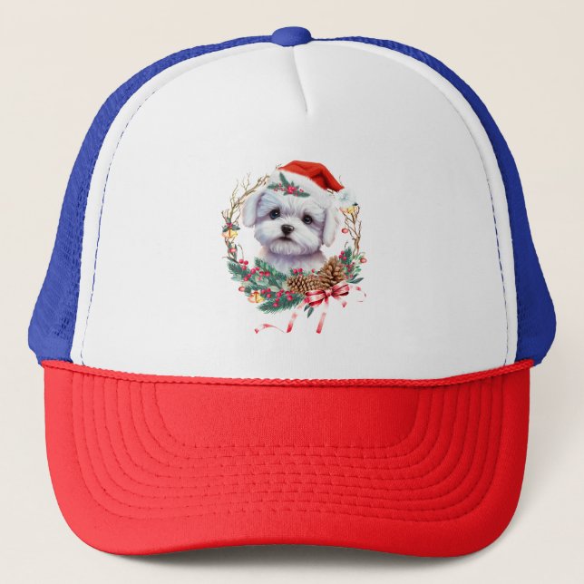 Maltese Puppy Christmas, Xmas Maltese Dog Trucker Hat (Front)