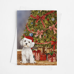 Maltese Puppy Watercolor Under Christmas Tree Card
