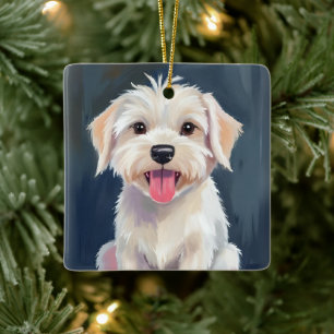 Maltese Puppy White Dog Painting Ceramic Ornament