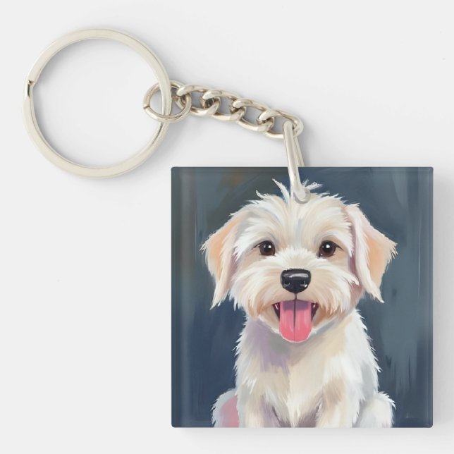 Maltese Puppy | White Dog Painting Key Ring (Front)