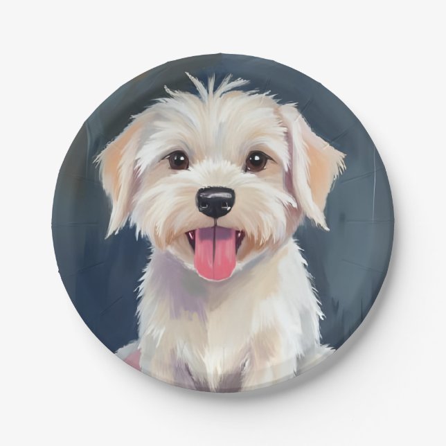 Maltese Puppy White Dog Painting Paper Plate (Front)