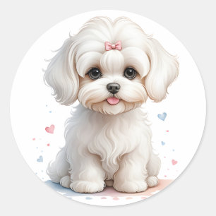 Maltese Puppy with Pink Bow Classic Round Sticker