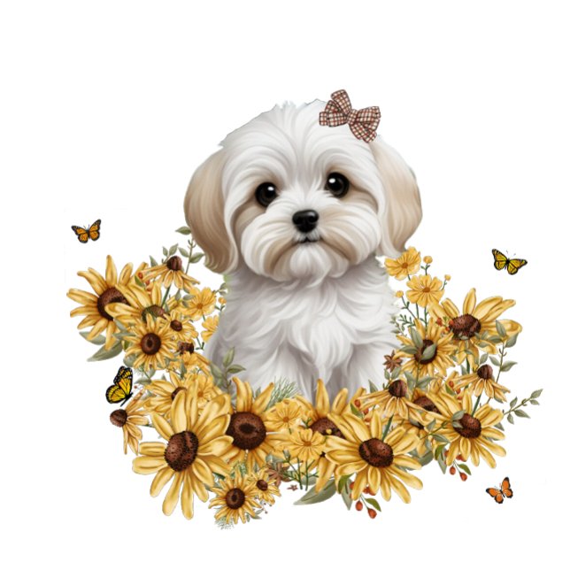 Maltese Puppy with Yellow Fall Flowers  (Maltesem puppy with yellow flowers)