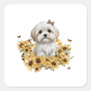 Maltese Puppy with Yellow Fall Flowers  Square Sticker